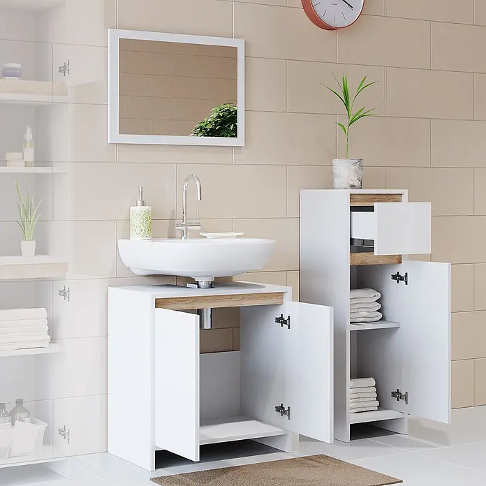 Vicco Badmöbel-Set Emma Weiß/Sonoma 3 Teile, mit Midischrank - Gesamtbreite Badmöbel: 88 cm, Weiß, Matt - Weißer Badunterschrank mit Waschbecken und passendem Hochschrank, mit Holzdetails und offenen Türen/Schublade zur Aufbewahrung.