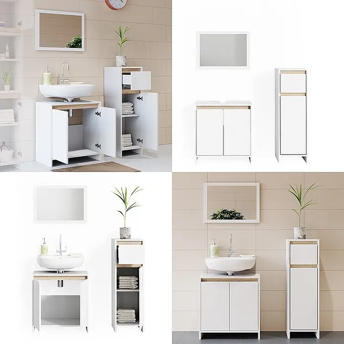 Vicco Badmöbel-Set Emma Weiß/Sonoma 3 Teile, mit Midischrank - Gesamtbreite Badmöbel: 88 cm, Weiß, Matt - Weißes Badezimmerset mit Waschtisch, Spiegel und hohem Schrank, mit Holzdetails.