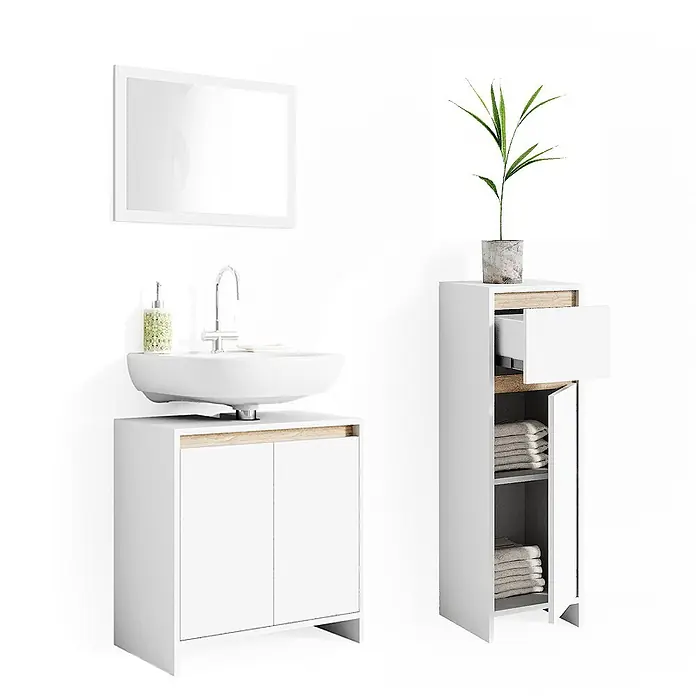 Vicco Badmöbel-Set Emma Weiß/Sonoma 3 Teile, mit Midischrank - Gesamtbreite Badmöbel: 88 cm, Weiß, Matt - Weißer Badunterschrank mit Keramikwaschbecken und hellen Holzdetails, dazu passender Hochschrank für Badutensilien und Handtücher.