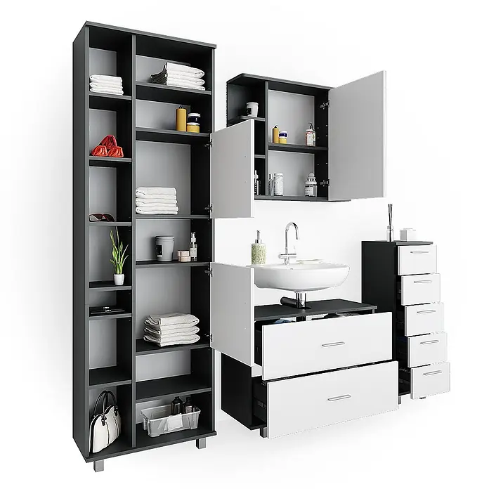 Vicco Badmöbel-Set Ilias Weiß/Anthrazit 4 Teile, mit Hochschrank - Gesamtbreite Badmöbel: 170,2 cm, Weiß, Matt - Modulare dunkelgrau-weiße Badmöbel: Hochschrank, Wandschränke, Waschtisch, Schubladen.