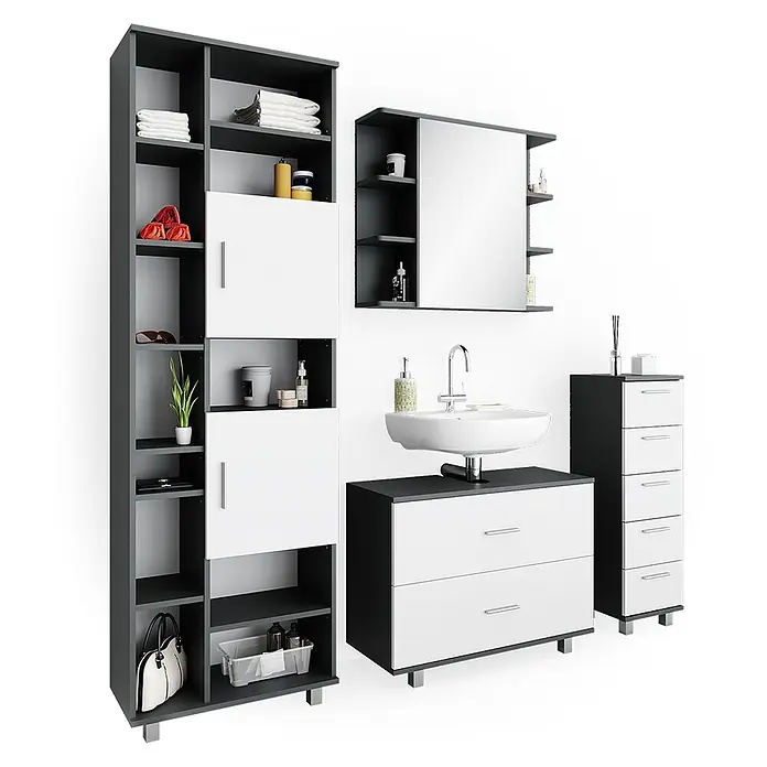 Vicco Badmöbel-Set Ilias Weiß/Anthrazit 4 Teile, mit Hochschrank - Gesamtbreite Badmöbel: 170,2 cm, Weiß, Matt - Modernes Badmöbelset in Grau und Weiß, bestehend aus Hochschrank, Spiegelschrank, Waschtischunterschrank und Kommode.