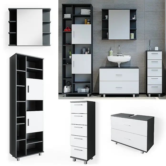 Vicco Badmöbel-Set Ilias Weiß/Anthrazit 4 Teile, mit Hochschrank - Gesamtbreite Badmöbel: 170,2 cm, Weiß, Matt - Badmöbel-Set in Dunkelgrau und Weiß: Spiegelschrank, Hochschrank, Waschtisch mit Waschbecken und Schubladenschrank.