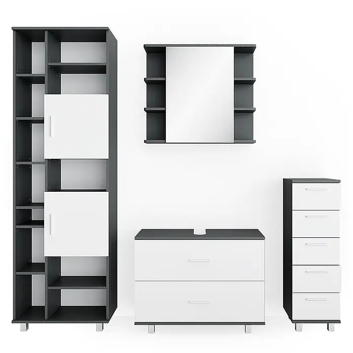 Vicco Badmöbel-Set Ilias Weiß/Anthrazit 4 Teile, mit Hochschrank - Gesamtbreite Badmöbel: 170,2 cm, Weiß, Matt - Dunkelgraues und weißes Modulmöbelset: hohes Regal, Spiegelschrank, breite Kommode und schmaler Schubladenschrank.