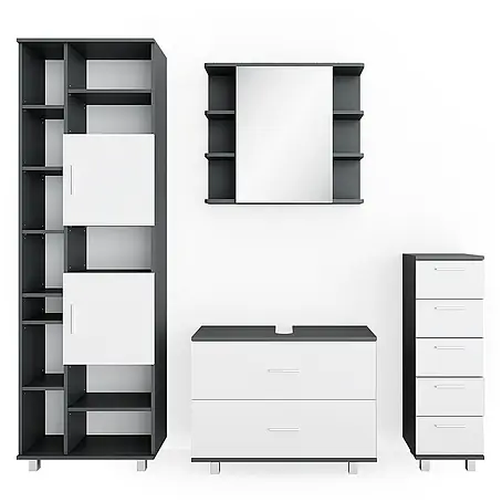 Vicco  Badmöbel-Set Ilias Weiß/Anthrazit 4 Teile, mit Hochschrank