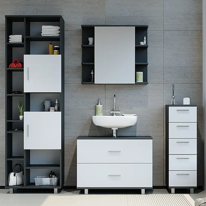 Vicco Badmöbel-Set Ilias Weiß/Anthrazit 4 Teile, mit Hochschrank - Gesamtbreite Badmöbel: 170,2 cm, Weiß, Matt - Modernes dunkelgrau-weißes Badmöbelset mit Waschtisch, hohem Regal und Schubladenelementen.