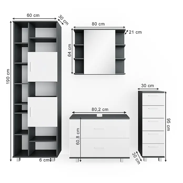 Vicco Badmöbel-Set Ilias Weiß/Anthrazit 4 Teile, mit Hochschrank - Gesamtbreite Badmöbel: 170,2 cm, Weiß, Matt - Modulares Möbelset in Dunkelgrau und Weiß, bestehend aus Regal, Spiegelschrank, Kommode und schmaler Schubladenkommode.