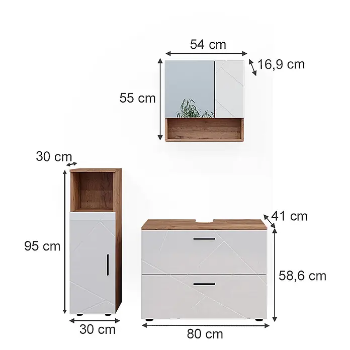 Vicco Badmöbel-Set Irma Weiß Hochglanz/Goldkraft Eiche 3 Teile, mit Midischrank - Gesamtbreite Badmöbel: 110 cm, Weiß Hochglanz, Glänzend - Weißes Badmöbel-Set mit Holz-Akzenten und geometrischem Muster, bestehend aus Spiegelschrank, Hochschrank und Waschtischunterschrank.