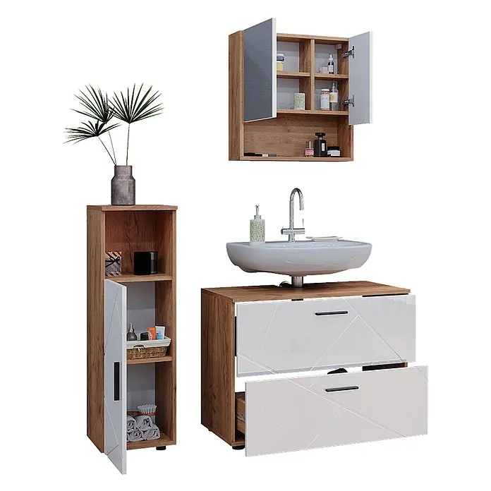 Vicco Badmöbel-Set Irma Weiß Hochglanz/Goldkraft Eiche 3 Teile, mit Midischrank - Gesamtbreite Badmöbel: 110 cm, Weiß Hochglanz, Glänzend - Badmöbel-Set in Holzoptik und Weiß mit Waschtischunterschrank, Spiegelschrank und hohem Schrank.
