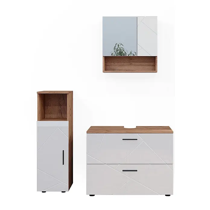 Vicco Badmöbel-Set Irma Weiß Hochglanz/Goldkraft Eiche 3 Teile, mit Midischrank - Gesamtbreite Badmöbel: 110 cm, Weiß Hochglanz, Glänzend - Modernes Badmöbel-Set mit Holzoptik-Oberflächen und weißen Fronten mit geometrischem Muster, Waschtisch-, Hoch- und Spiegelschrank.