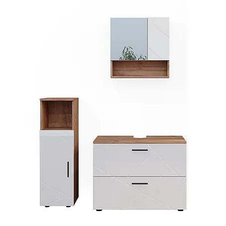 Vicco  Badmöbel-Set Irma Weiß Hochglanz/Goldkraft Eiche 3 Teile, mit Midischrank