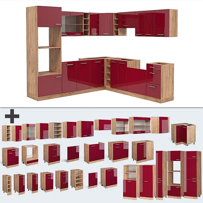 Vicco Eckküche R-Line Rot Hochglanz/Goldkraft Eiche ohne Arbeitsplatte - Rot Hochglanz, Ohne Elektrogeräte - Modulares Küchenschrank-Set mit glänzenden roten Türen und heller Holzoptik-Rahmen, ideal zur Aufbewahrung.