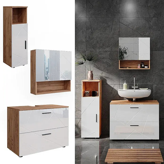 Vicco Badmöbel-Set Irma Weiß Hochglanz/Goldkraft Eiche 3 Teile, mit Midischrank - Gesamtbreite Badmöbel: 110 cm, Weiß Hochglanz, Glänzend - Badezimmermöbel-Set: Holzfarbene Schränke mit weißen Hochglanzfronten und geometrischen Mustern.