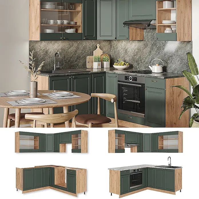 Vicco Eckküche Fame-Line Grün-Gold Landhaus/Goldkraft Eiche ohne Arbeitsplatte - Grün-Gold Landhaus, Ohne Elektrogeräte - L-förmige Küche mit dunkelgrünen Schränken, Holzdetails und integrierten Geräten. Modernes Design.