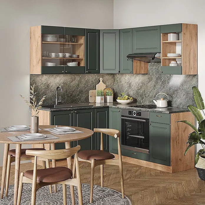 Vicco Eckküche Fame-Line Grün-Gold Landhaus/Goldkraft Eiche ohne Arbeitsplatte - Grün-Gold Landhaus, Ohne Elektrogeräte - Moderne Küche mit dunkelgrünen Schränken, hellen Holzdetails und dunkler Arbeitsplatte. Mit integrierten Geräten und Essbereich.