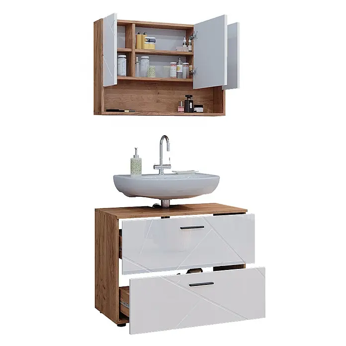 Vicco Badmöbel-Set Irma Weiß Hochglanz/Goldkraft Eiche 2 Teile, Unterschrank 80 cm - Gesamtbreite Badmöbel: 80 cm, Weiß Hochglanz, Glänzend - Modernes Badmöbel-Set mit Holzoptik-Rahmen, weißen Hochglanzschubladen, Aufsatzwaschbecken und passendem Wandschrank.