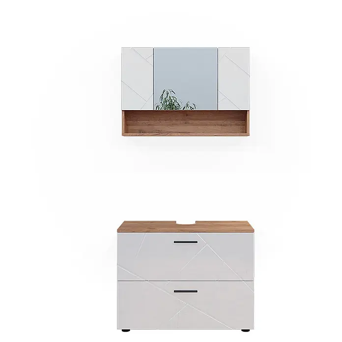 Vicco Badmöbel-Set Irma Weiß Hochglanz/Goldkraft Eiche 2 Teile, Unterschrank 80 cm - Gesamtbreite Badmöbel: 80 cm, Weiß Hochglanz, Glänzend - Weißer Badezimmerspiegelschrank mit Holzablage und passendem Waschtischunterschrank mit zwei Schubladen.