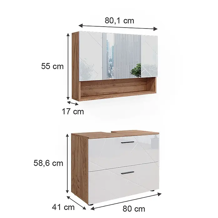 Vicco Badmöbel-Set Irma Weiß Hochglanz/Goldkraft Eiche 2 Teile, Unterschrank 80 cm - Gesamtbreite Badmöbel: 80 cm, Weiß Hochglanz, Glänzend - Zwei-teiliges Badmöbel-Set: Spiegelschrank und Waschtischunterschrank in Holzoptik und weiß glänzend.