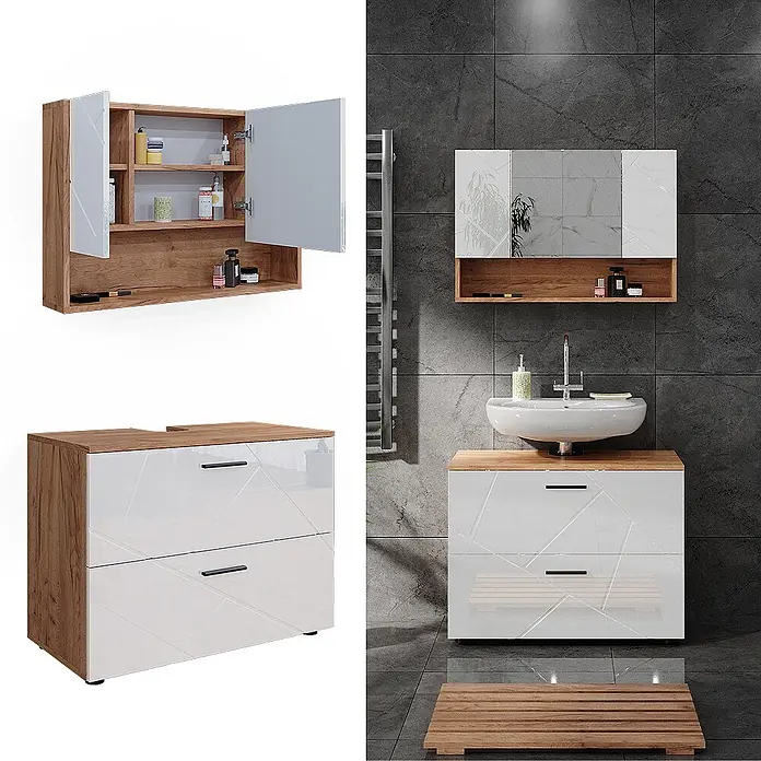 Vicco Badmöbel-Set Irma Weiß Hochglanz/Goldkraft Eiche 2 Teile, Unterschrank 80 cm - Gesamtbreite Badmöbel: 80 cm, Weiß Hochglanz, Glänzend - Modernes Badmöbelset: hölzerner Spiegelschrank und weißer Hochglanz-Waschtischunterschrank mit Holzplatte.