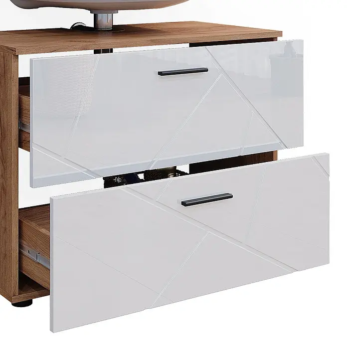 Vicco Badmöbel-Set Irma Weiß Hochglanz/Goldkraft Eiche 2 Teile, Unterschrank 80 cm - Gesamtbreite Badmöbel: 80 cm, Weiß Hochglanz, Glänzend - Badunterschrank in Holzoptik mit zwei teilweise geöffneten, weiß glänzenden Schubladen mit geometrischem Muster und schwarzen Griffen unter einem Waschbecken.