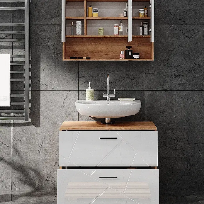 Vicco Badmöbel-Set Irma Weiß Hochglanz/Goldkraft Eiche 2 Teile, Unterschrank 80 cm - Gesamtbreite Badmöbel: 80 cm, Weiß Hochglanz, Glänzend - Moderner weißer Badschrank mit Holzplatte, geometrischem Muster, Waschbecken und Medizinschrank aus Holz.