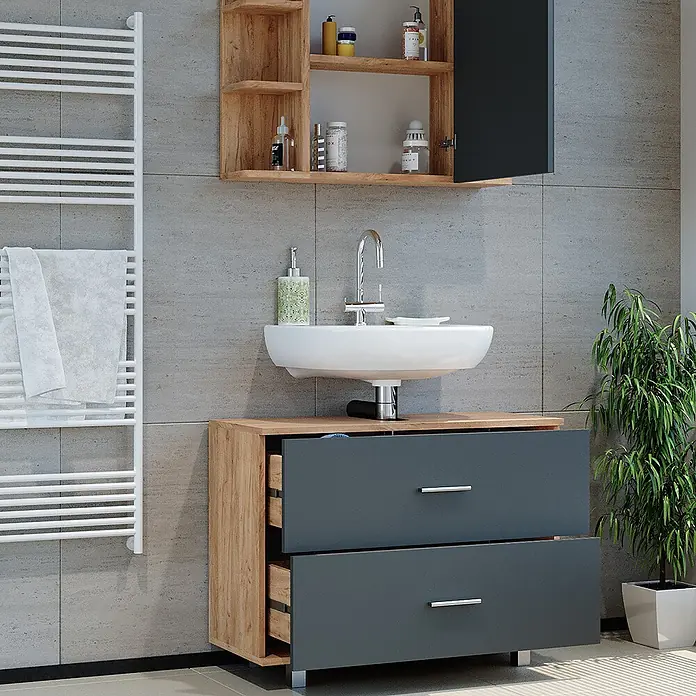 Vicco Badmöbel-Set Ilias Anthrazit/Goldkraft Eiche 2 Teile, Unterschrank 80 cm - Gesamtbreite Badmöbel: 80,2 cm, Anthrazit, Matt - Modernes Badezimmermöbelset: Waschtischunterschrank in Holzoptik mit dunkelgrauen Schubladen und weißem Keramikwaschbecken, dazu ein passender Wandschrank.
