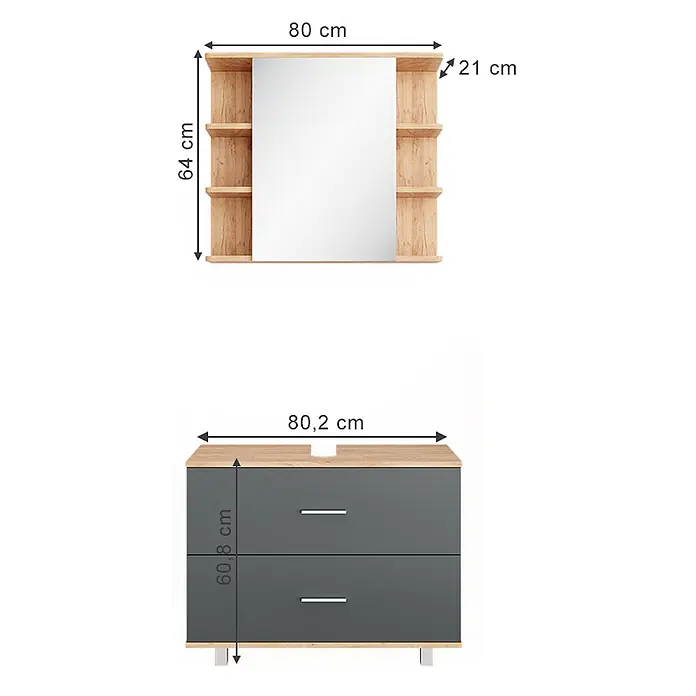 Vicco Badmöbel-Set Ilias Anthrazit/Goldkraft Eiche 2 Teile, Unterschrank 80 cm - Gesamtbreite Badmöbel: 80,2 cm, Anthrazit, Matt - Heller Holzspiegelschrank mit Regalen und dunkelgrauer Waschtischunterschrank mit Schubladen.