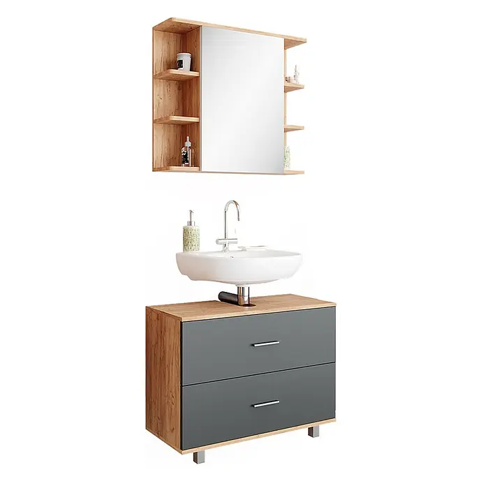 Vicco Badmöbel-Set Ilias Anthrazit/Goldkraft Eiche 2 Teile, Unterschrank 80 cm - Gesamtbreite Badmöbel: 80,2 cm, Anthrazit, Matt - Badezimmermöbel-Set mit Spiegelschrank in Holzoptik und grauem Unterschrank mit zwei Schubladen und weißem Waschbecken.