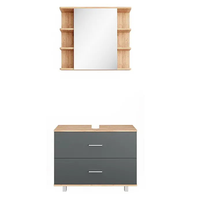 Vicco Badmöbel-Set Ilias Anthrazit/Goldkraft Eiche 2 Teile, Unterschrank 80 cm - Gesamtbreite Badmöbel: 80,2 cm, Anthrazit, Matt - Badezimmerset: heller Holzspiegelschrank mit Regalen, dunkelgrauer Waschtischunterschrank mit Holzplatte und zwei Schubladen.