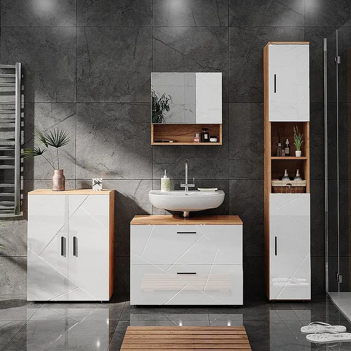 Vicco Badmöbel-Set Irma Weiß 4 Teile, mit Schubladenschrank und Midischrank - Weiß Hochglanz, Glänzend - Modernes Badmöbelset mit weißen Hochglanzfronten und hellen Holzdetails, bestehend aus Waschtisch, Hochschrank und Beistellschrank.