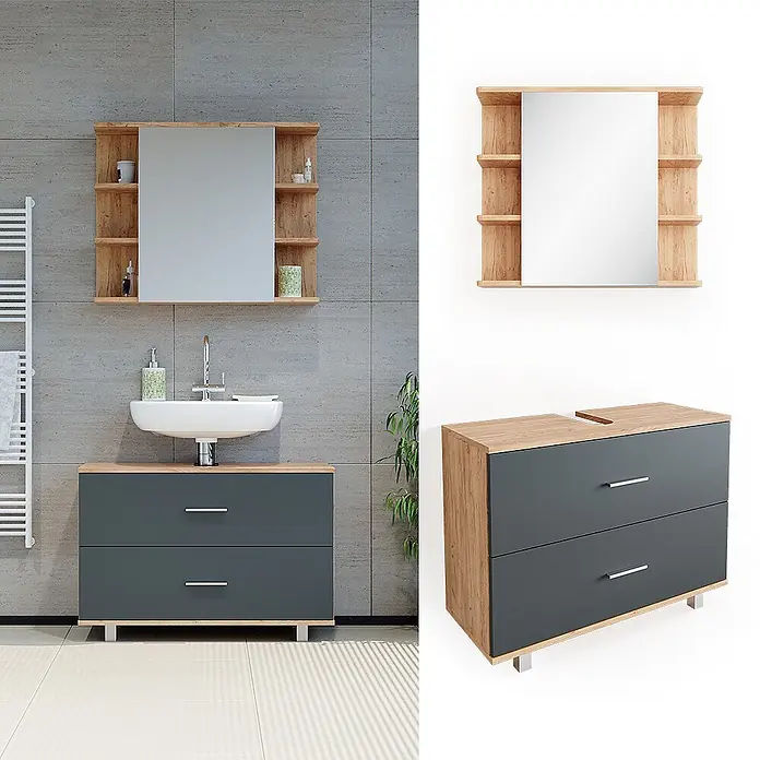 Vicco Badmöbel-Set Ilias Anthrazit/Goldkraft Eiche 2 Teile, Unterschrank 80 cm - Gesamtbreite Badmöbel: 80,2 cm, Anthrazit, Matt - Badezimmermöbel-Set in Holzoptik und Dunkelgrau mit Spiegelschrank, Waschbecken und Unterschrank mit zwei Schubladen.
