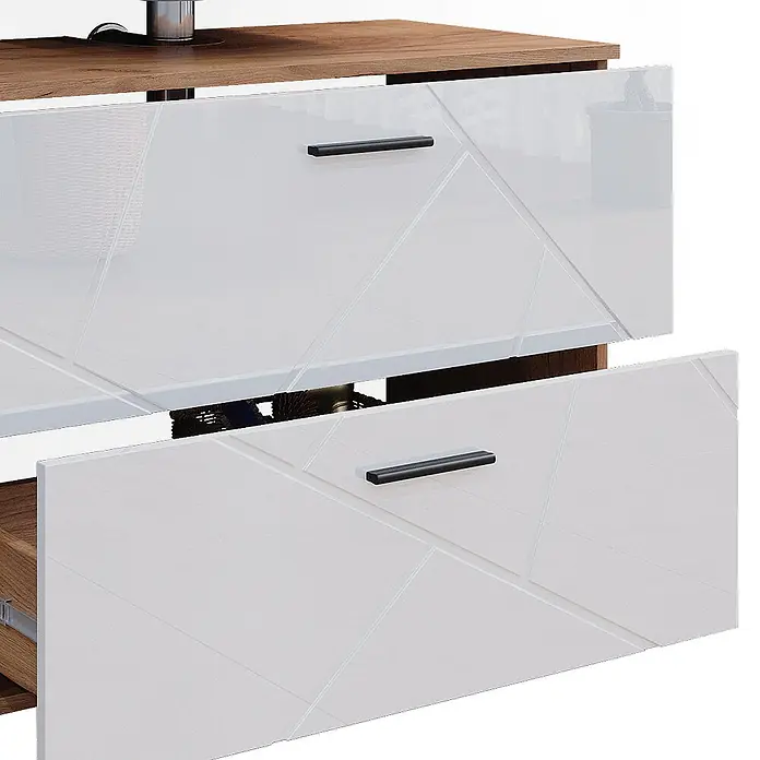 Vicco Badmöbel-Set Irma Weiß 4 Teile, mit Schubladenschrank und Midischrank - Weiß Hochglanz, Glänzend - Zweischubladenschrank in Weiß Hochglanz mit geometrischem Muster und schwarzen Griffen. Schubladen teilweise geöffnet.