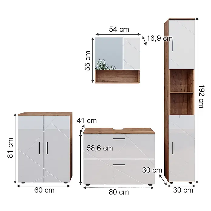 Vicco Badmöbel-Set Irma Weiß 4 Teile, mit Schubladenschrank und Midischrank - Weiß Hochglanz, Glänzend - Badezimmermöbel-Set in Weiß und Holzoptik mit geometrischem Muster, bestehend aus Spiegelschrank, Waschtisch und Stauraummöbeln.