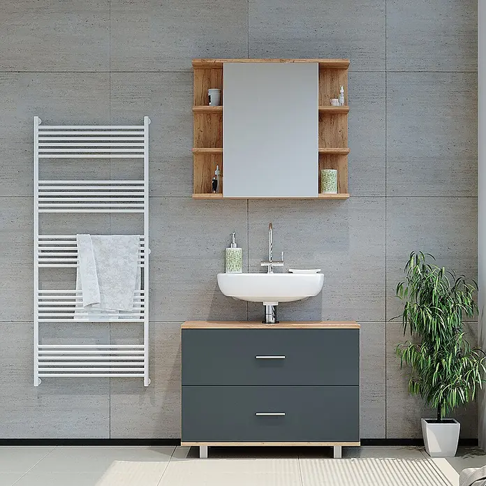 Vicco Badmöbel-Set Ilias Anthrazit/Goldkraft Eiche 2 Teile, Unterschrank 80 cm - Gesamtbreite Badmöbel: 80,2 cm, Anthrazit, Matt - Modernes Bad mit dunkelgrauem Waschtisch, Holzplatte, weißem Waschbecken und Holzspiegelschrank.