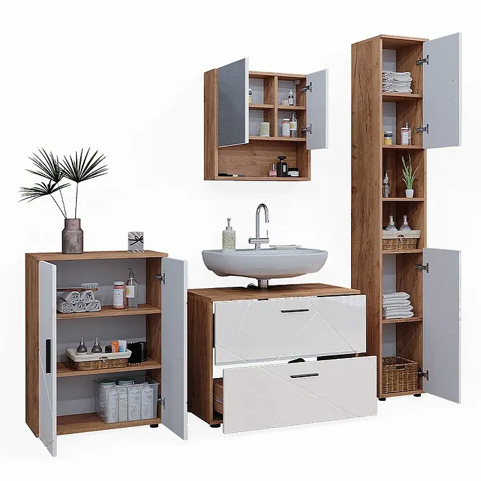 Vicco Badmöbel-Set Irma Weiß 4 Teile, mit Schubladenschrank und Midischrank - Weiß Hochglanz, Glänzend - Modernes Badmöbel-Set aus hellem Holz und Weiß mit geometrischem Muster, inkl. Waschtisch, Hochschrank und Spiegelschrank.