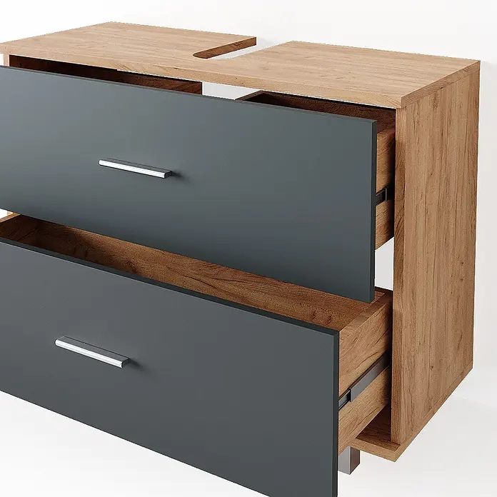 Vicco Badmöbel-Set Ilias Anthrazit/Goldkraft Eiche 2 Teile, Unterschrank 80 cm - Gesamtbreite Badmöbel: 80,2 cm, Anthrazit, Matt - Waschtischunterschrank aus Eiche mit zwei dunkelgrauen, halb geöffneten Schubladen, Chromgriffen und Ausschnitt für Waschbecken.