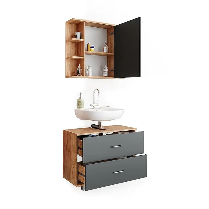 Vicco Badmöbel-Set Ilias Anthrazit/Goldkraft Eiche 2 Teile, Unterschrank 80 cm - Gesamtbreite Badmöbel: 80,2 cm, Anthrazit, Matt - Wandhängender Badschrank mit Holzregalen und dunkler Tür, dazu ein weißes Waschbecken auf einem Holz-Waschtisch mit dunkelgrauen Schubladen.