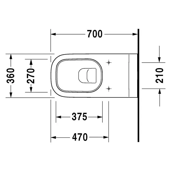 Duravit D-Code Wand-WC Vital - Mit Spülrand, Mit antibakterieller Glasur, Spülform: Tief, WC Abgang: Waagerecht, Weiß - Draufsicht des WC-Designs mit Maßangaben, einschließlich Länge (700), Breite (360) und Befestigungsabstand (210), für Installationsdetails.