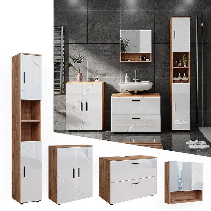Vicco Badmöbel-Set Irma Weiß 4 Teile, mit Schubladenschrank und Midischrank - Weiß Hochglanz, Glänzend - Modernes Badezimmermöbel-Set in Weiß und Holzoptik mit geometrischen Fronten, bestehend aus Hochschränken, Waschtisch und Spiegelschrank.