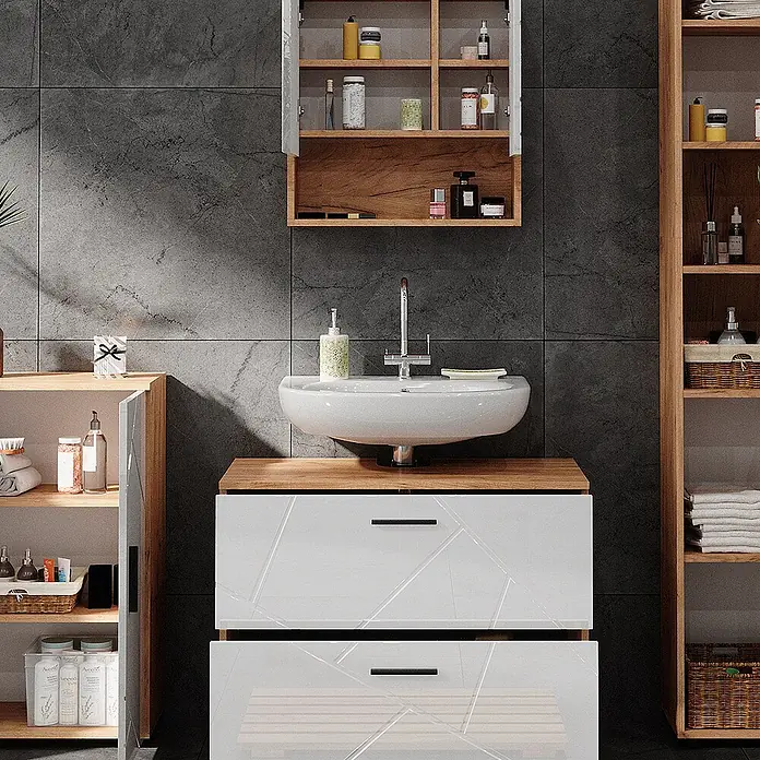 Vicco Badmöbel-Set Irma Weiß 4 Teile, mit Schubladenschrank und Midischrank - Weiß Hochglanz, Glänzend - Modernes Badezimmermöbel-Set mit weißem Waschbecken, hellen Holz Akzenten und glänzend weißen gemusterten Schubladen.
