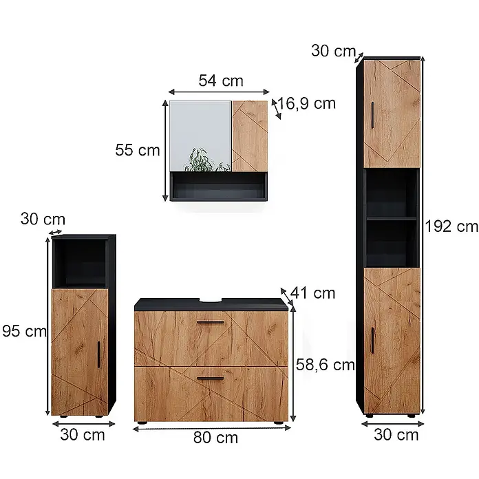 Vicco Badmöbel-Set Irma Goldkraft Eiche 4 Teile, mit Schubladenschrank und Hochschrank - Gesamtbreite Badmöbel: 140 cm, Goldkraft Eiche, Matt - Badmöbel-Set: Schränke und Waschtischunterschrank in Eichen-Optik und Schwarz mit Maßen.