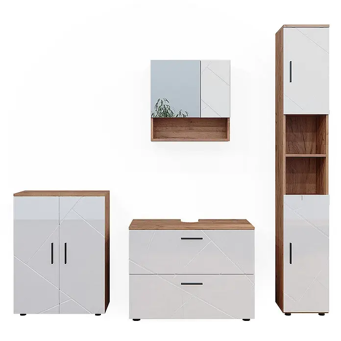 Vicco Badmöbel-Set Irma Weiß 4 Teile, mit Schubladenschrank und Midischrank - Weiß Hochglanz, Glänzend - Modernes Badezimmermöbel-Set in Weiß und Holzoptik mit geometrischem Muster, bestehend aus Hochschrank, Waschtisch, Spiegelschrank und Unterschrank.