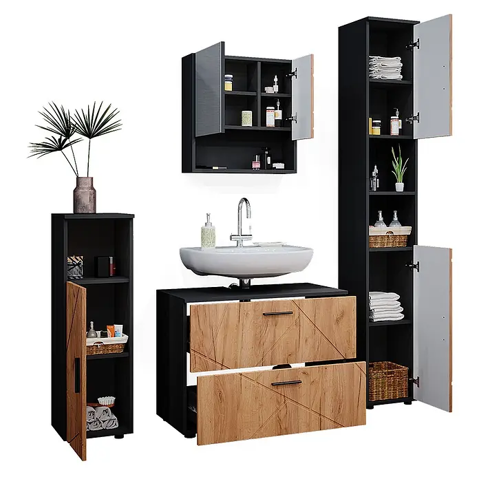 Vicco Badmöbel-Set Irma Goldkraft Eiche 4 Teile, mit Schubladenschrank und Hochschrank - Gesamtbreite Badmöbel: 140 cm, Goldkraft Eiche, Matt - Modernes Badmöbelset in Schwarz mit Holzoptik-Fronten und weißem Waschbecken, bietet viel Stauraum.