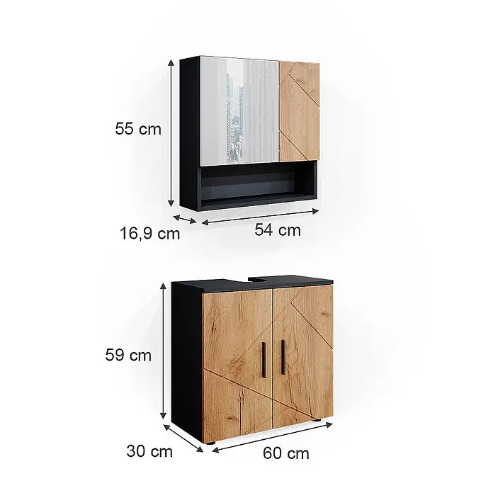 Vicco Badmöbel-Set Irma Goldkraft Eiche/Anthrazit 2 Teile, Unterschrank 60 cm - Gesamtbreite Badmöbel: 60 cm, Goldkraft Eiche, Matt - Zweiteiliges Badmöbel-Set: Hängeschrank mit Spiegel und Ablage, sowie Waschtischunterschrank, beide mit schwarzen Rahmen und hellen Holzfronten mit geometrischem Muster.
