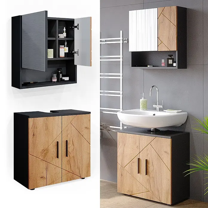 Vicco Badmöbel-Set Irma Goldkraft Eiche/Anthrazit 2 Teile, Unterschrank 60 cm - Gesamtbreite Badmöbel: 60 cm, Goldkraft Eiche, Matt - Modernes Badmöbel-Set aus Schwarz und Holz: Spiegelschrank und Waschtischunterschrank mit geometrischem Muster.