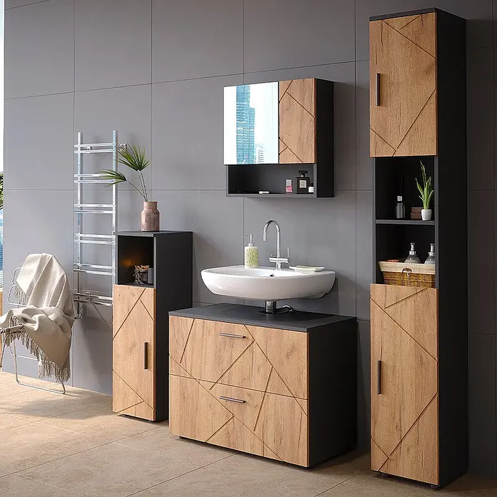 Vicco Badmöbel-Set Irma Goldkraft Eiche 4 Teile, mit Schubladenschrank und Hochschrank - Gesamtbreite Badmöbel: 140 cm, Goldkraft Eiche, Matt - Modernes Badezimmermöbel-Set mit schwarzen Rahmen und hellen Holzfronten mit geometrischem Muster, inklusive Waschtischunterschrank, Hochschrank und Spiegelschrank.