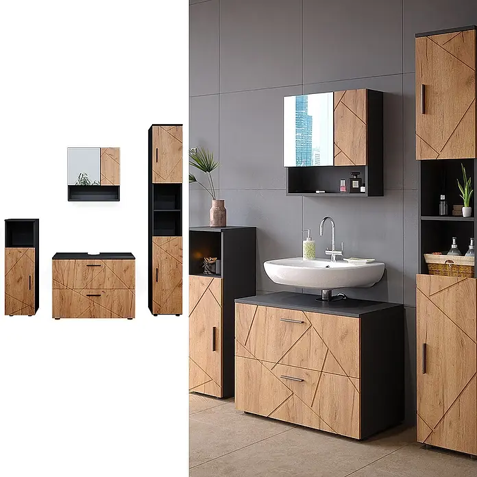 Vicco Badmöbel-Set Irma Goldkraft Eiche 4 Teile, mit Schubladenschrank und Hochschrank - Gesamtbreite Badmöbel: 140 cm, Goldkraft Eiche, Matt - Modernes Badmöbel-Set in Holzoptik und Schwarz mit geometrischem Muster, in einem Badezimmer präsentiert.