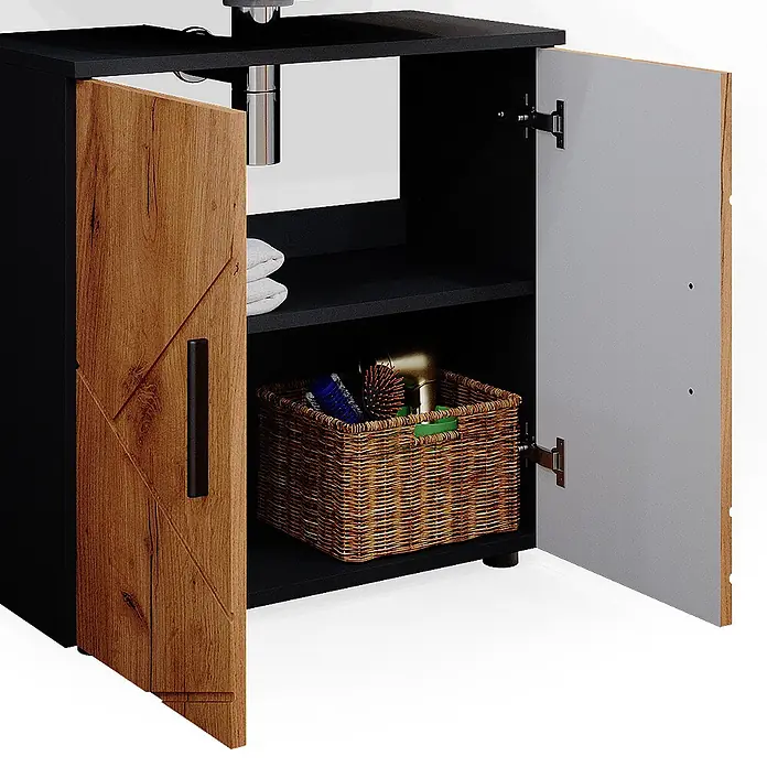 Vicco Badmöbel-Set Irma Goldkraft Eiche/Anthrazit 2 Teile, Unterschrank 60 cm - Gesamtbreite Badmöbel: 60 cm, Goldkraft Eiche, Matt - Schwarzer Badezimmerschrank mit zwei offenen Türen, einer dunklen Holzmaserung, der anderen hellgrau, mit Innenregalen.