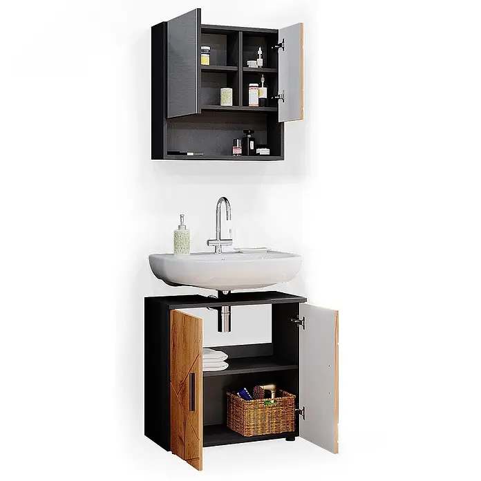 Vicco Badmöbel-Set Irma Goldkraft Eiche/Anthrazit 2 Teile, Unterschrank 60 cm - Gesamtbreite Badmöbel: 60 cm, Goldkraft Eiche, Matt - Dunkelgraues Badezimmermöbel-Set mit Wandschrank und Waschbeckenschrank, Holzakzenttüren und weißem Keramikwaschbecken.