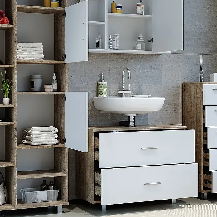 Vicco Badmöbel-Set Ilias Weiß/Sonoma 4 Teile, mit Hochschrank - Gesamtbreite Badmöbel: 170,2 cm, Weiß, Matt - Moderne Badmöbel in Holzoptik und Weiß, mit offenen Regalen, Schränken und einem Waschtisch mit Schubladen um ein Waschbecken.