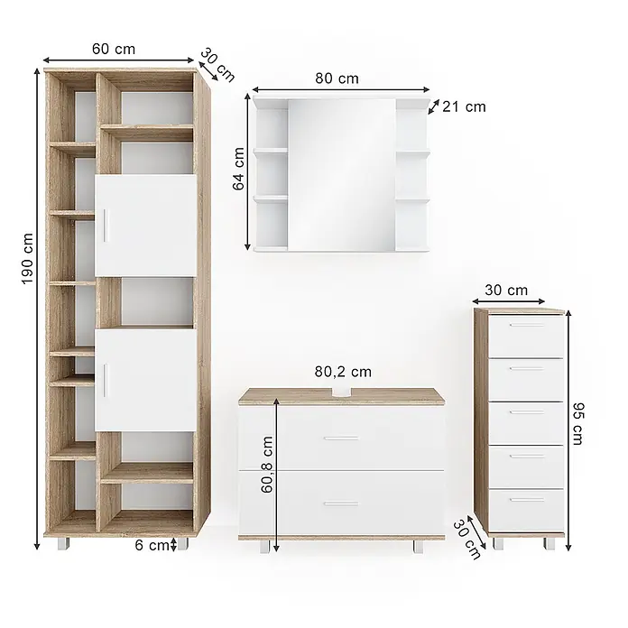 Vicco Badmöbel-Set Ilias Weiß/Sonoma 4 Teile, mit Hochschrank - Gesamtbreite Badmöbel: 170,2 cm, Weiß, Matt - Modulares Möbelset aus hellem Holz und Weiß mit Bücherregal, Spiegelschrank und zwei Kommoden.